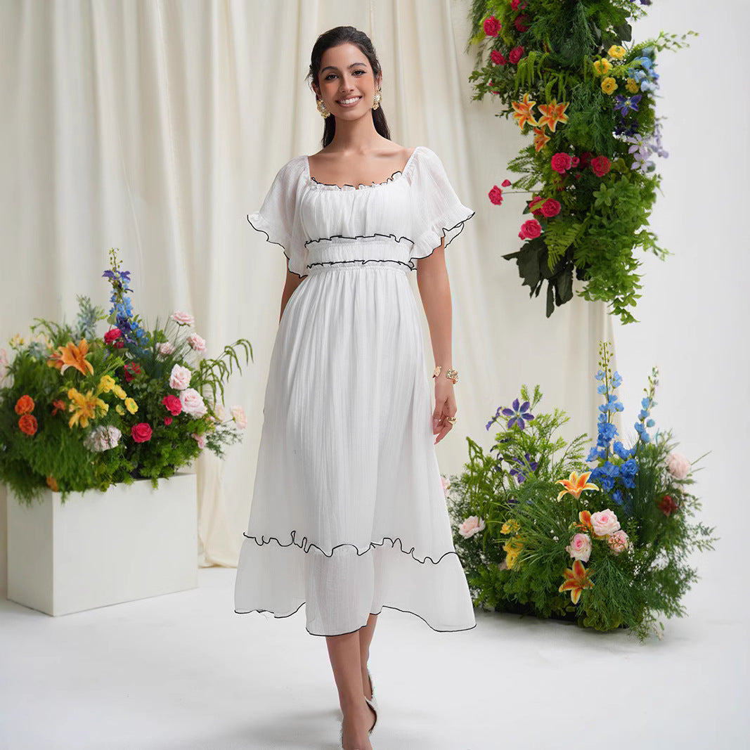 French square neck waist dress