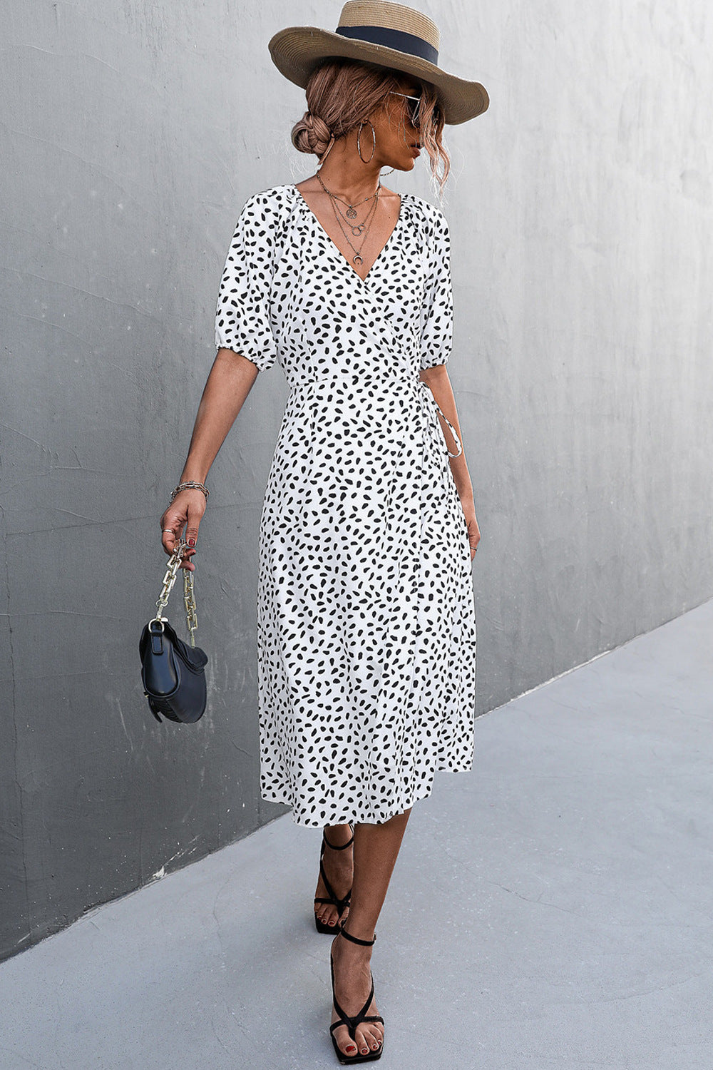 Woman Short Sleeve V Neck Chiffon Wrap Dresses Polka Dot Streetwear Elegant Midi Dress