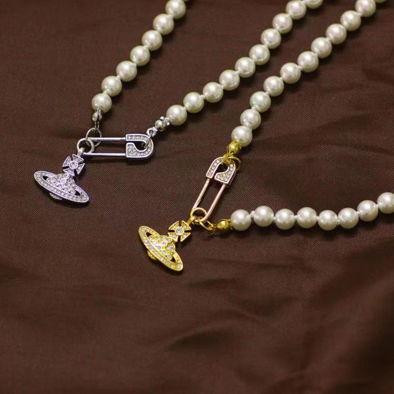 Brooch pearl necklace women&
