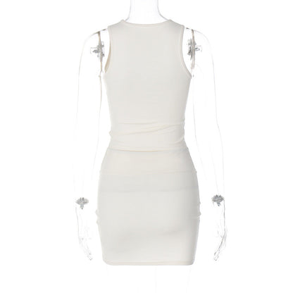Solid Color Hollow Round Neck Sleeveless Top Slim Skirt Set
