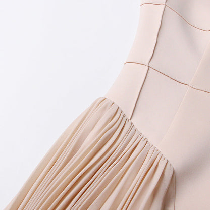 Pleated round neck sleeveless A dress with waist slimming long skirt