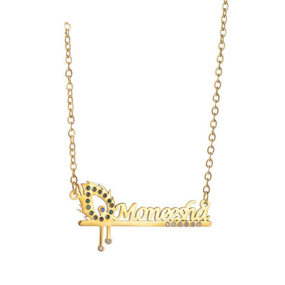 Diamond hollow peacock feather custom name necklace