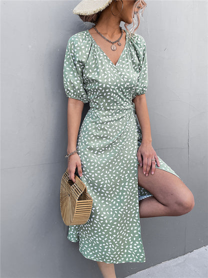 Woman Short Sleeve V Neck Chiffon Wrap Dresses Polka Dot Streetwear Elegant Midi Dress