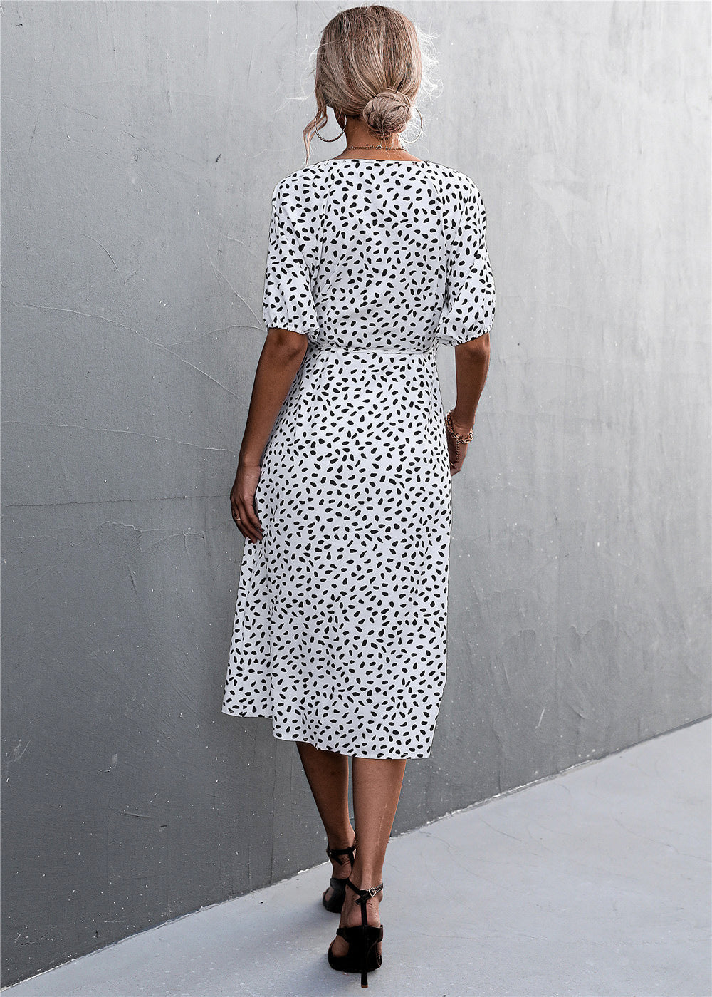 Woman Short Sleeve V Neck Chiffon Wrap Dresses Polka Dot Streetwear Elegant Midi Dress