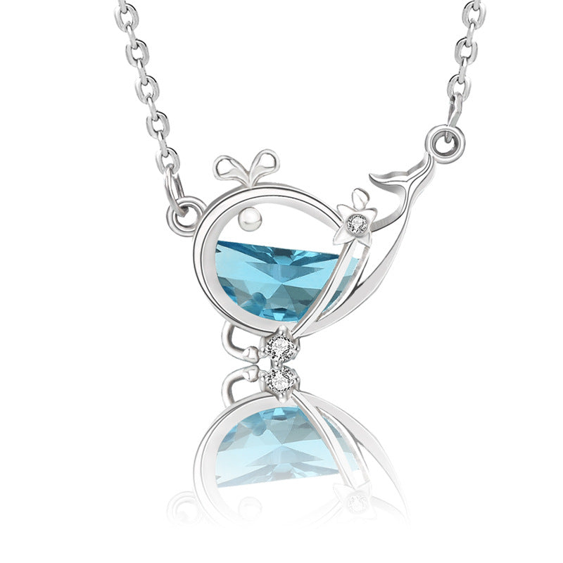 s925 Silver Sea Blue Half Moon Zircon Whale Necklace