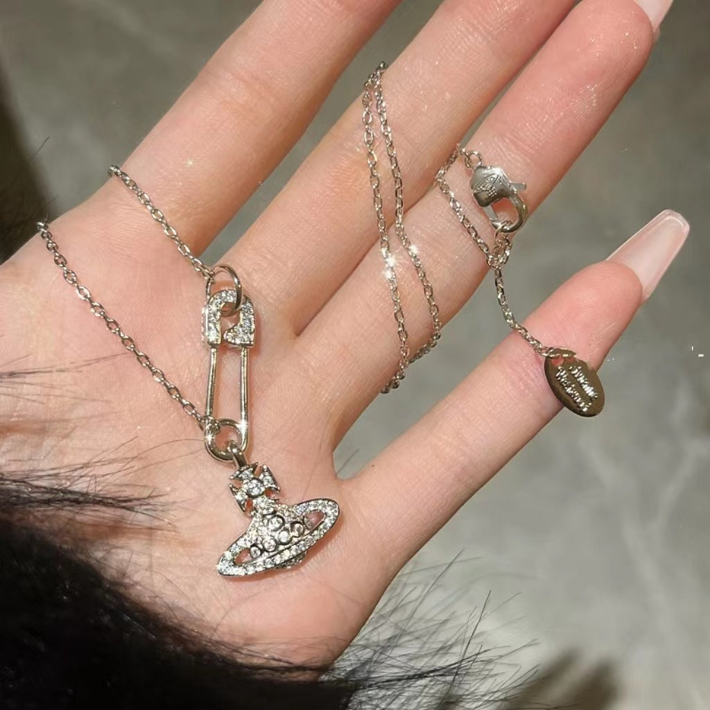 Saturn pin necklace women&