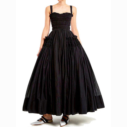 Pleated suspender long solid color full skirt dress