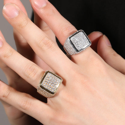 Hip-hop large square ring with zircon