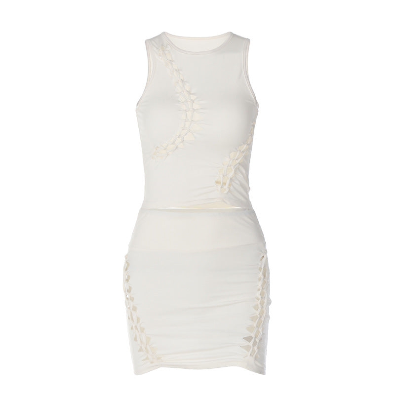 Solid Color Hollow Round Neck Sleeveless Top Slim Skirt Set