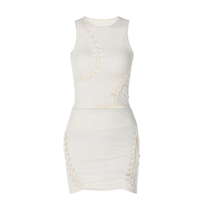 Solid Color Hollow Round Neck Sleeveless Top Slim Skirt Set