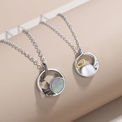 Pair of Devil and Angel matching Necklace Sterling Silver 2022 Cartoon Ring Hollow Couple Necklace Pendant