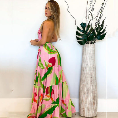 Spring and summer deep V backless dress Bohemian floral suspender dress