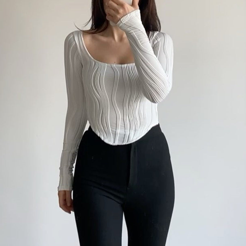 Autumn &amp; Winter long-sleeved U-neck water ripple slim fit top T-shirt