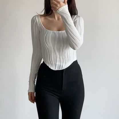 Autumn &amp; Winter long-sleeved U-neck water ripple slim fit top T-shirt