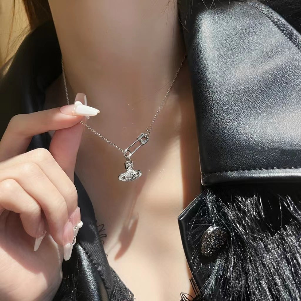 Saturn pin necklace women&