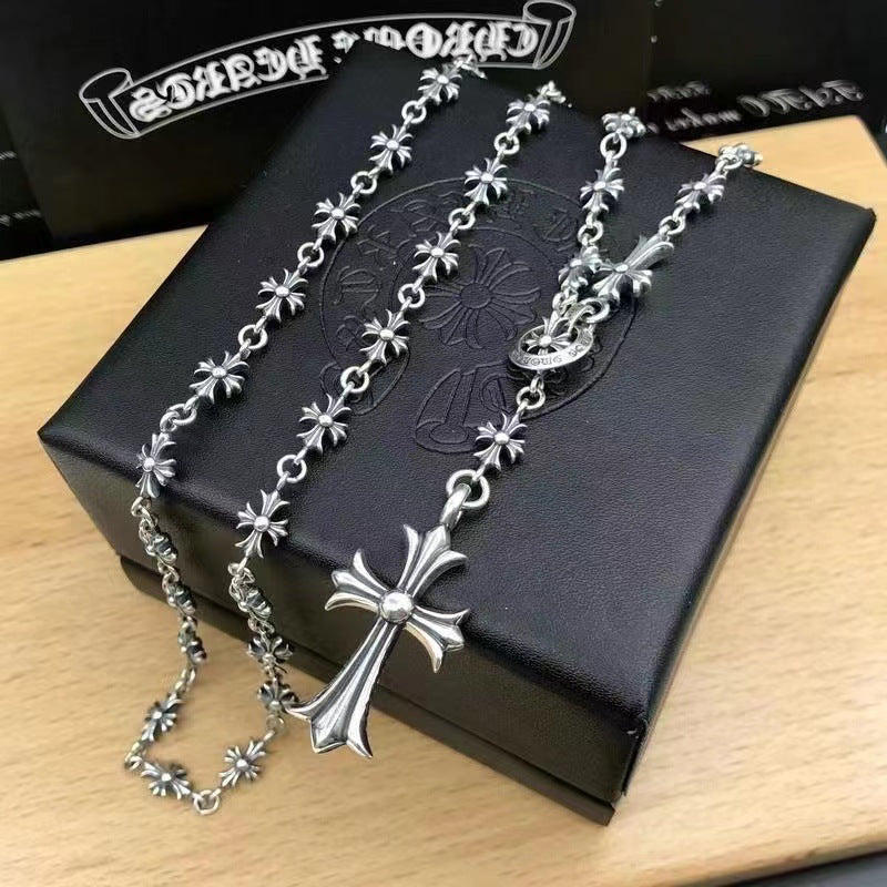 Retro gold silver cross flower necklace