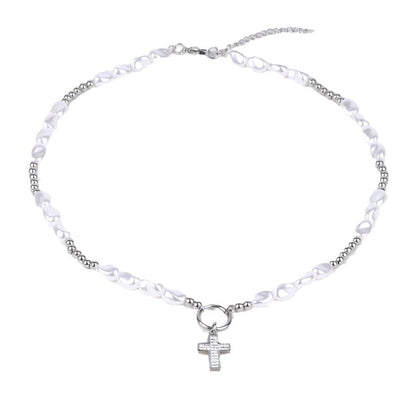 round pearl titanium steel cross necklace