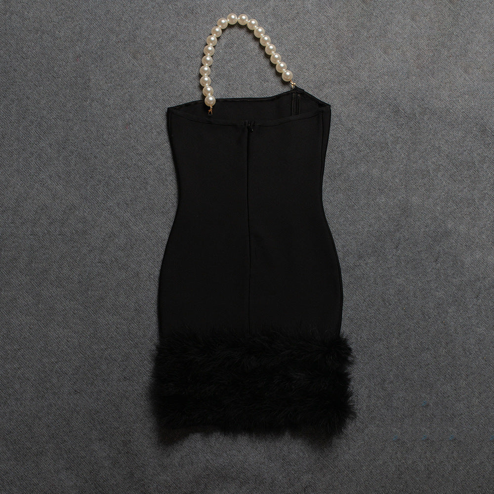Sexy Tube Top Pearl One Shoulder Feather Decoration Cover Hip Bandage Dress
