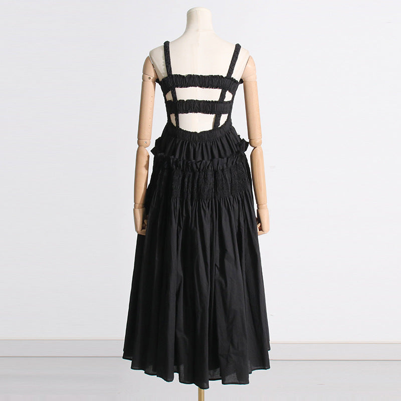 Pleated suspender long solid color full skirt dress