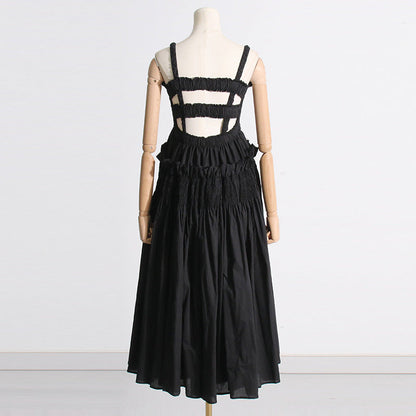 Pleated suspender long solid color full skirt dress