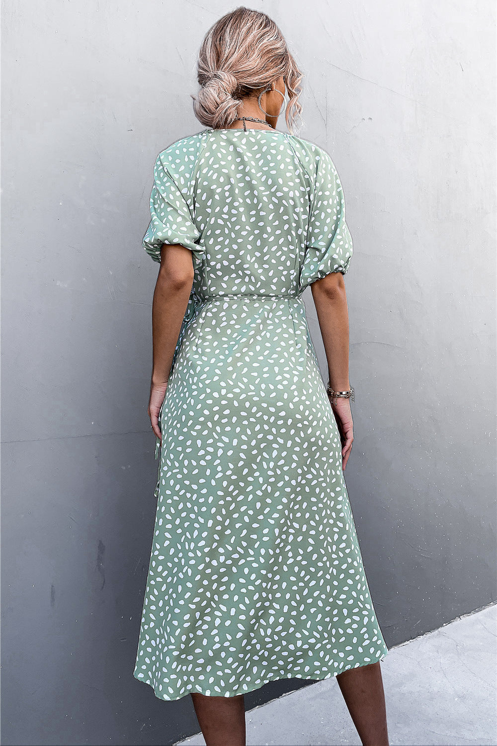 Woman Short Sleeve V Neck Chiffon Wrap Dresses Polka Dot Streetwear Elegant Midi Dress