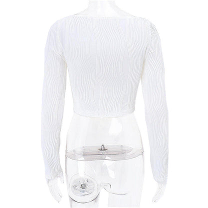 Autumn &amp; Winter long-sleeved U-neck water ripple slim fit top T-shirt