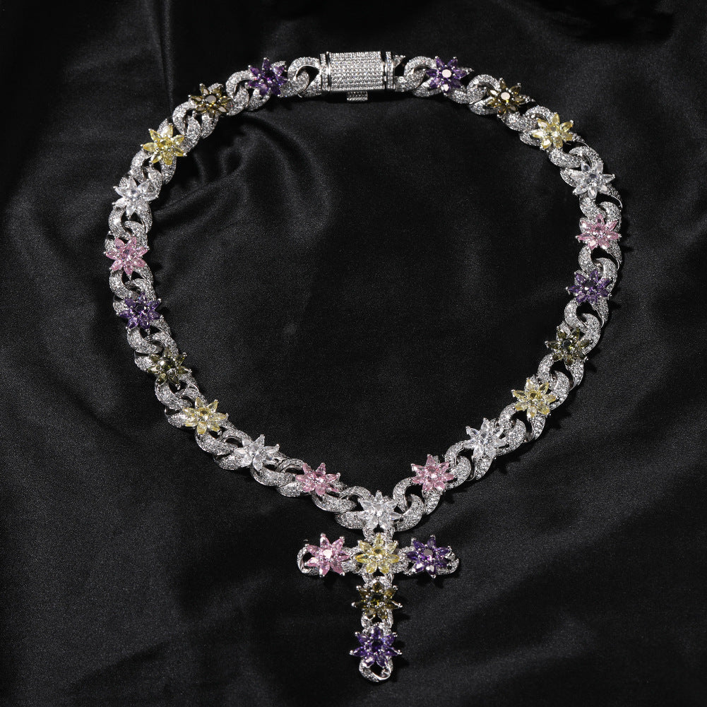Colorful zircon ice flower cross necklace