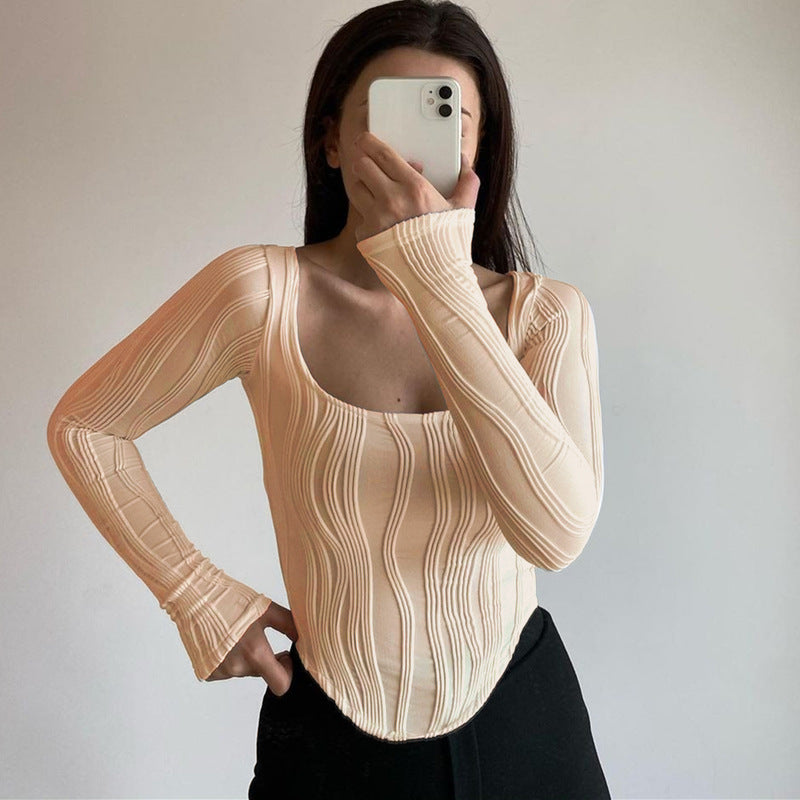 Autumn &amp; Winter long-sleeved U-neck water ripple slim fit top T-shirt