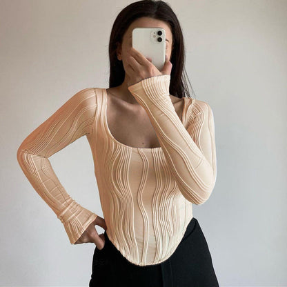 Autumn &amp; Winter long-sleeved U-neck water ripple slim fit top T-shirt