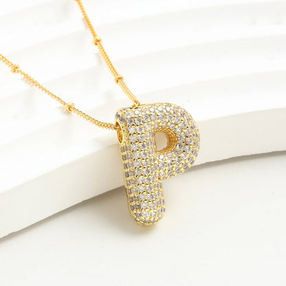 Bubble Initial Necklace 14k Gold Plated Cubic Zirconia