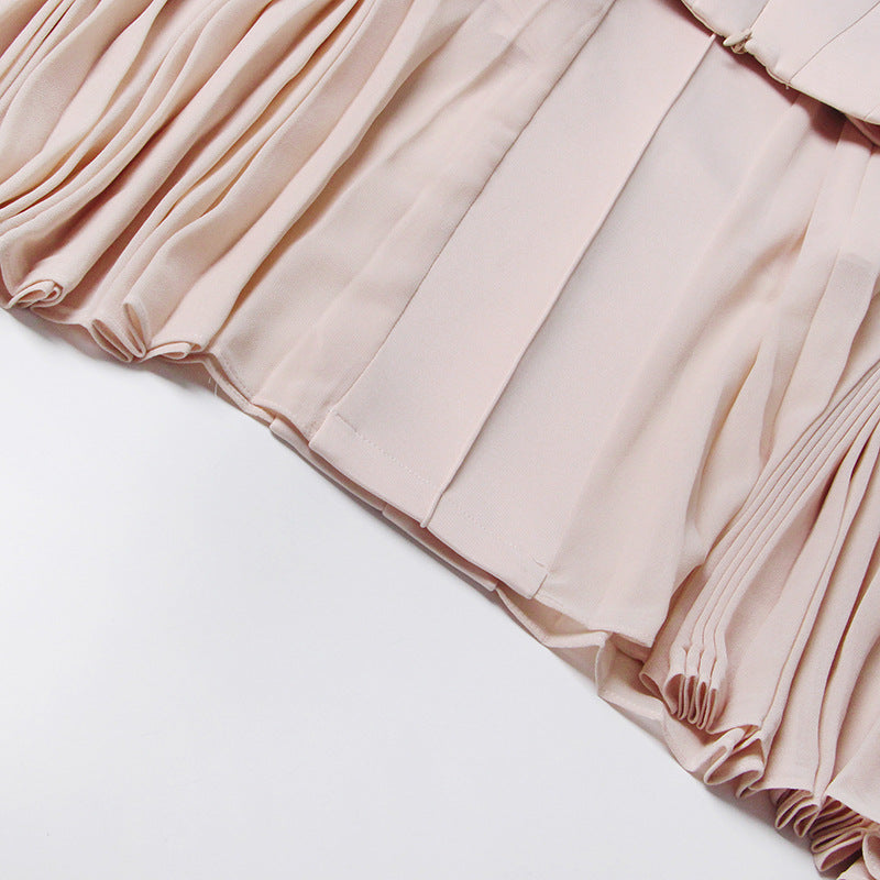 Pleated round neck sleeveless A dress with waist slimming long skirt