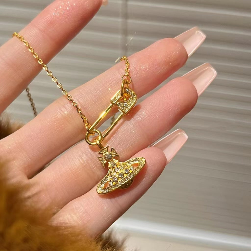 Saturn pin necklace women&