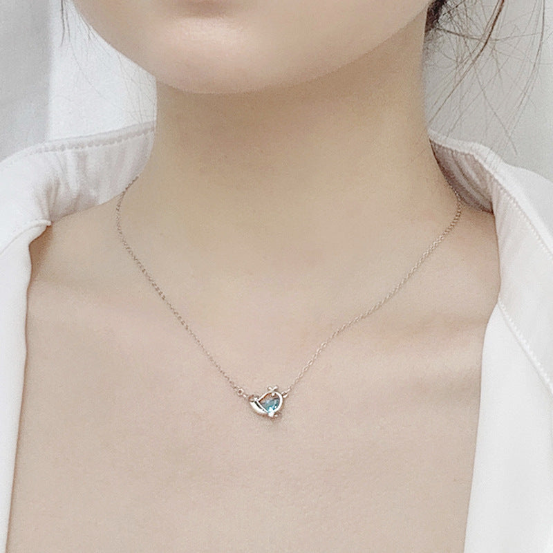 s925 Silver Sea Blue Half Moon Zircon Whale Necklace