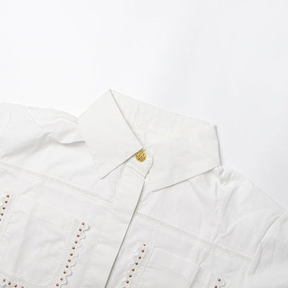 Lapel short-sleeved shirt + skirt lace embroidery two-piece suit for women
