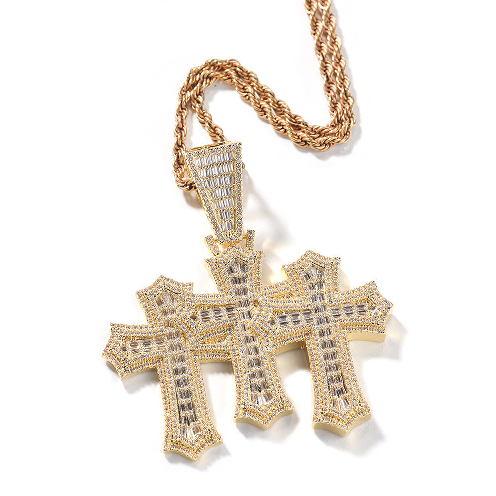 Hip-hop square zircon cross diamond-studded pendant