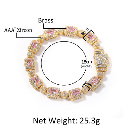 Copper inlaid pink zircon hip-hop bracelet