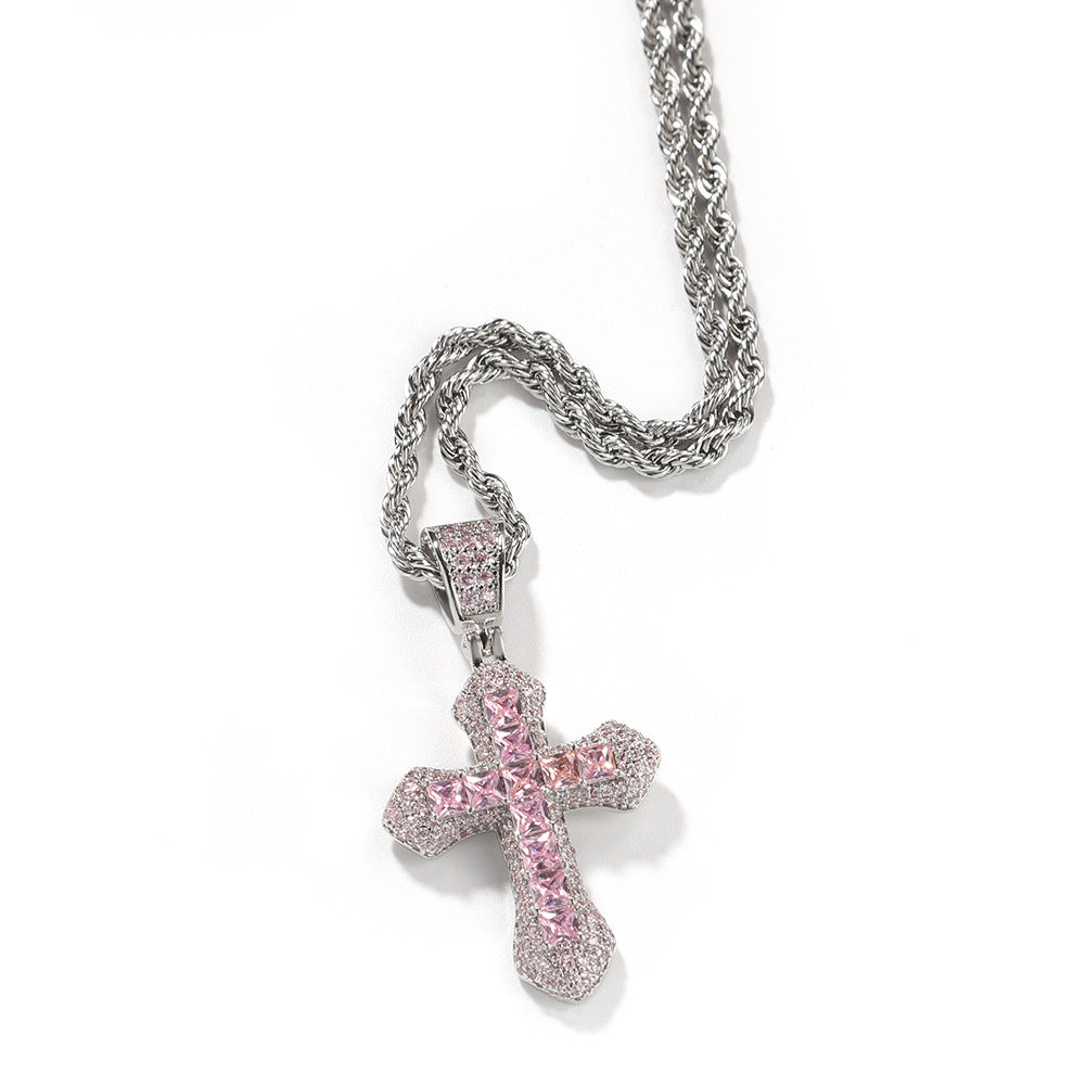 Blue Zircon Cross Hip-hop Necklace