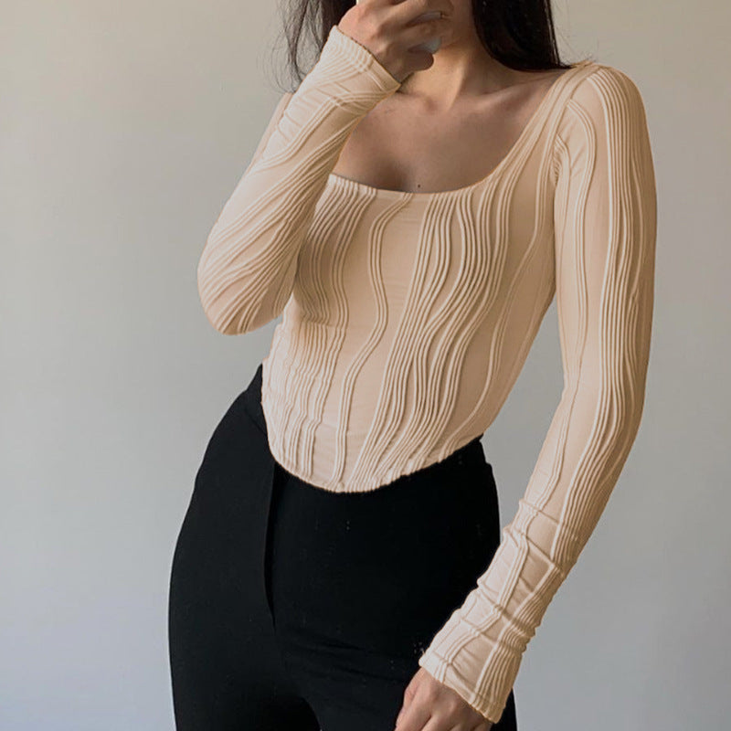 Autumn &amp; Winter long-sleeved U-neck water ripple slim fit top T-shirt