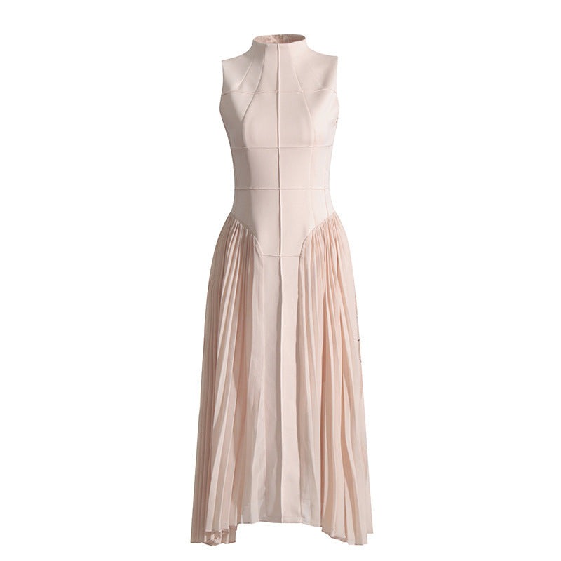 Pleated round neck sleeveless A dress with waist slimming long skirt