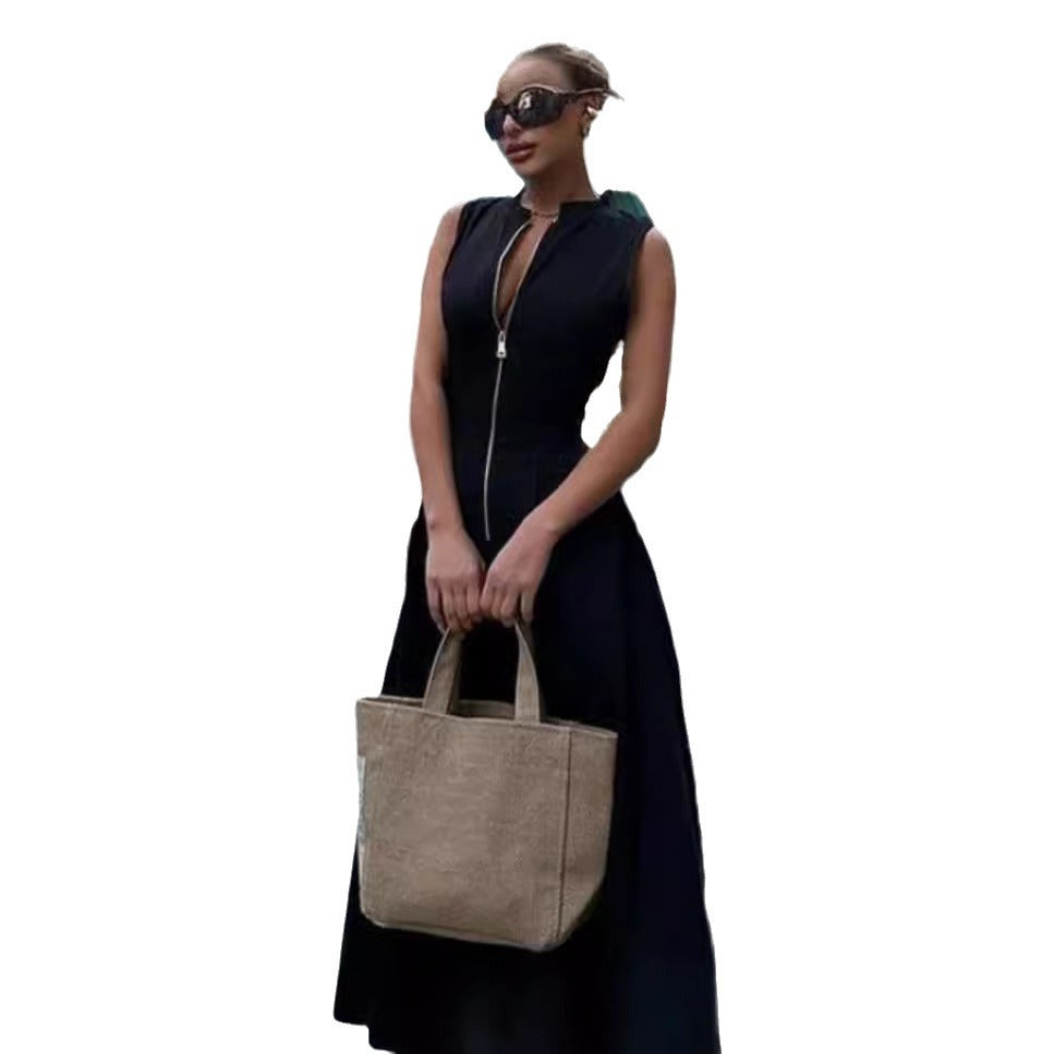 Sleeveless V-neck zipper neck long dress