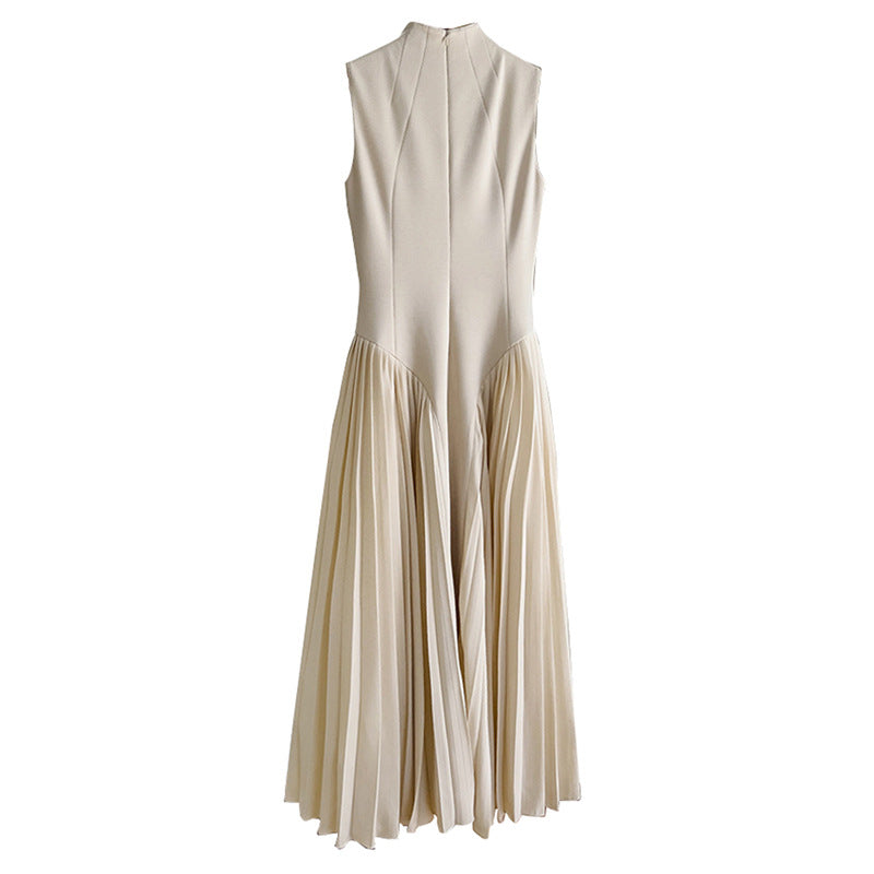 Pleated round neck sleeveless A dress with waist slimming long skirt