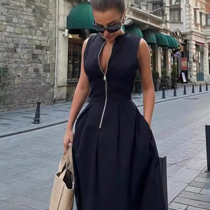 Sleeveless V-neck zipper neck long dress