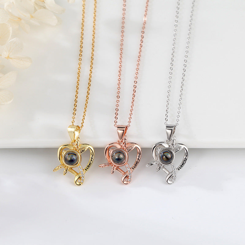 Dragonfly Love Heart Projection Necklace