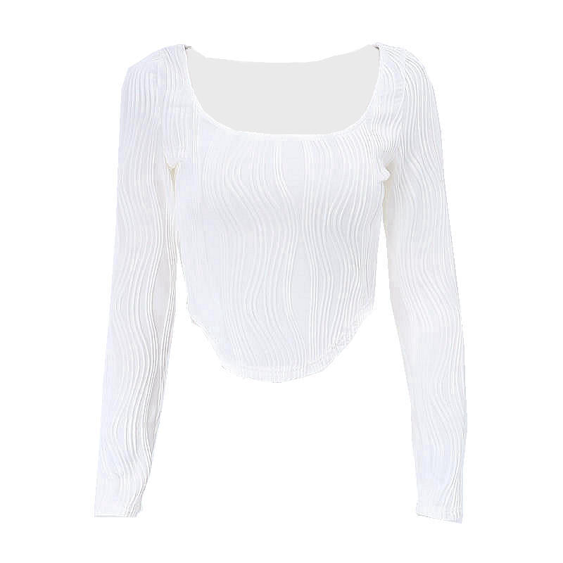 Autumn &amp; Winter long-sleeved U-neck water ripple slim fit top T-shirt