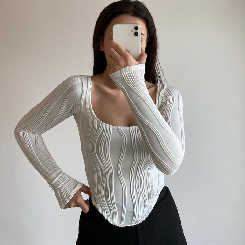Autumn &amp; Winter long-sleeved U-neck water ripple slim fit top T-shirt
