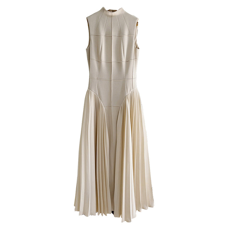 Pleated round neck sleeveless A dress with waist slimming long skirt