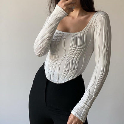 Autumn &amp; Winter long-sleeved U-neck water ripple slim fit top T-shirt