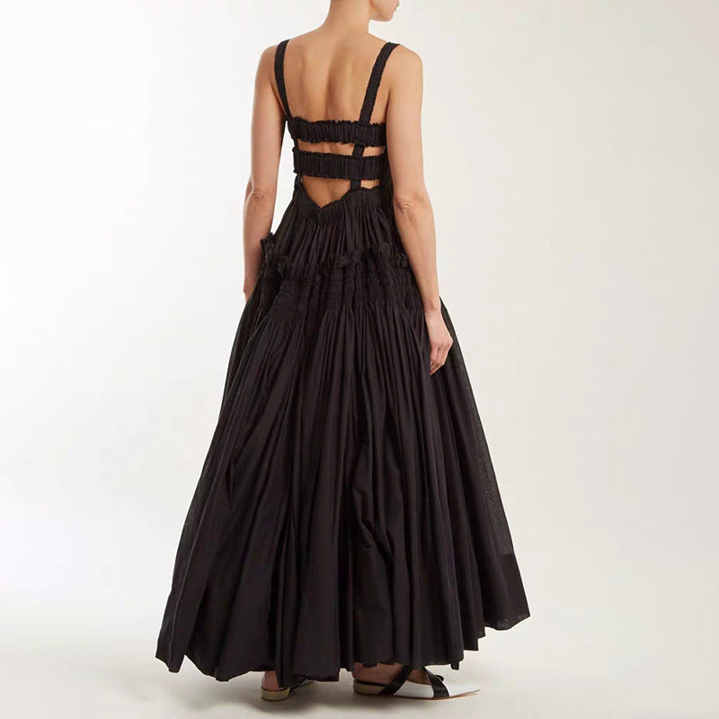 Pleated suspender long solid color full skirt dress