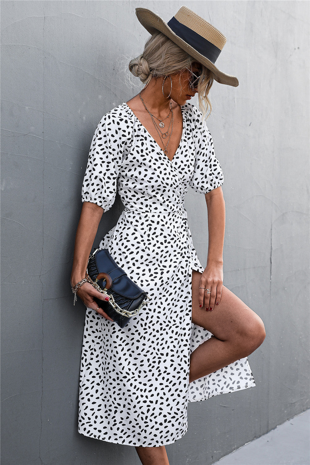 Woman Short Sleeve V Neck Chiffon Wrap Dresses Polka Dot Streetwear Elegant Midi Dress