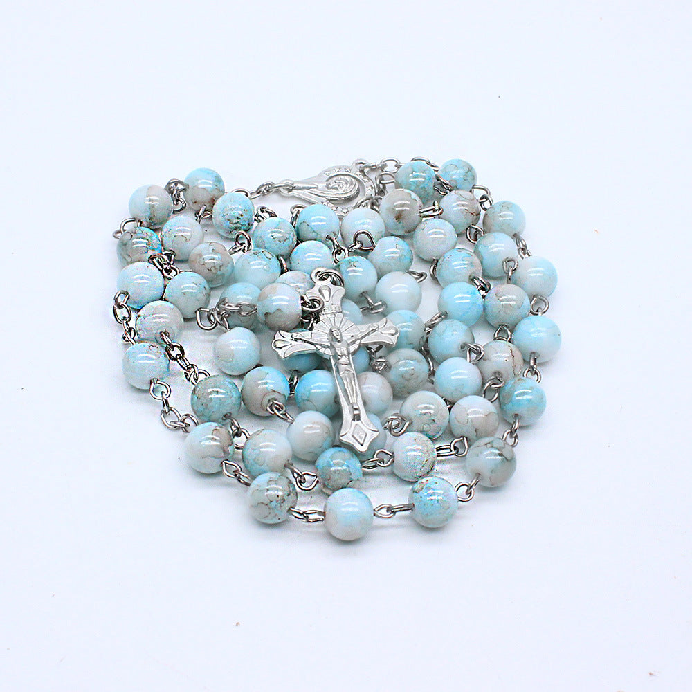 Zebra Blue Rosary Necklace Cross Necklace